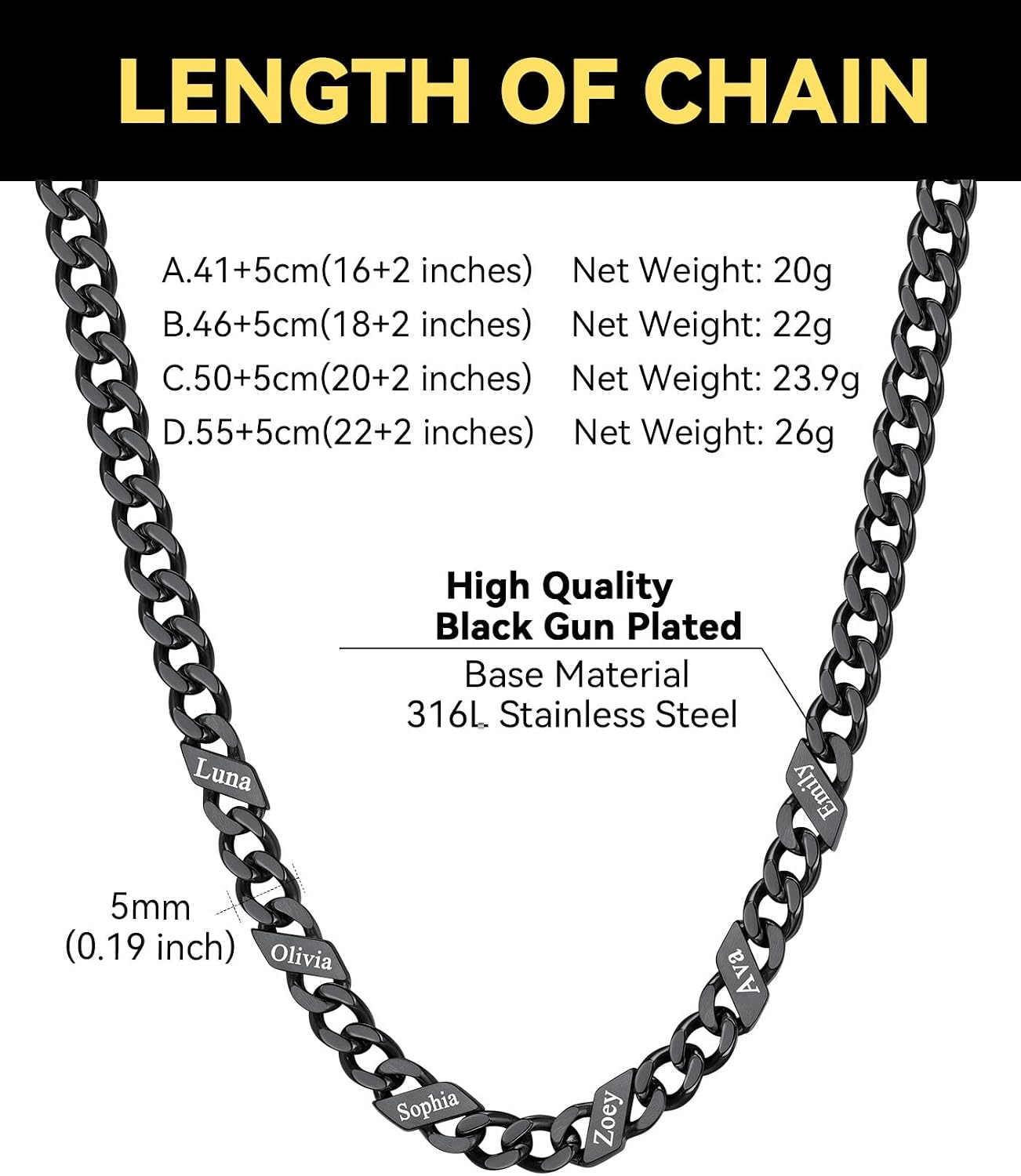 image:imageChainsHouse Personalized Cuban Link Chain for Men WomenCustom Engraved 16 Names5mm7mm9mm12mm Width Chain Name Necklace with Gift BoxHypoallergenic amp WaterproofQBlackWomen5mm width
