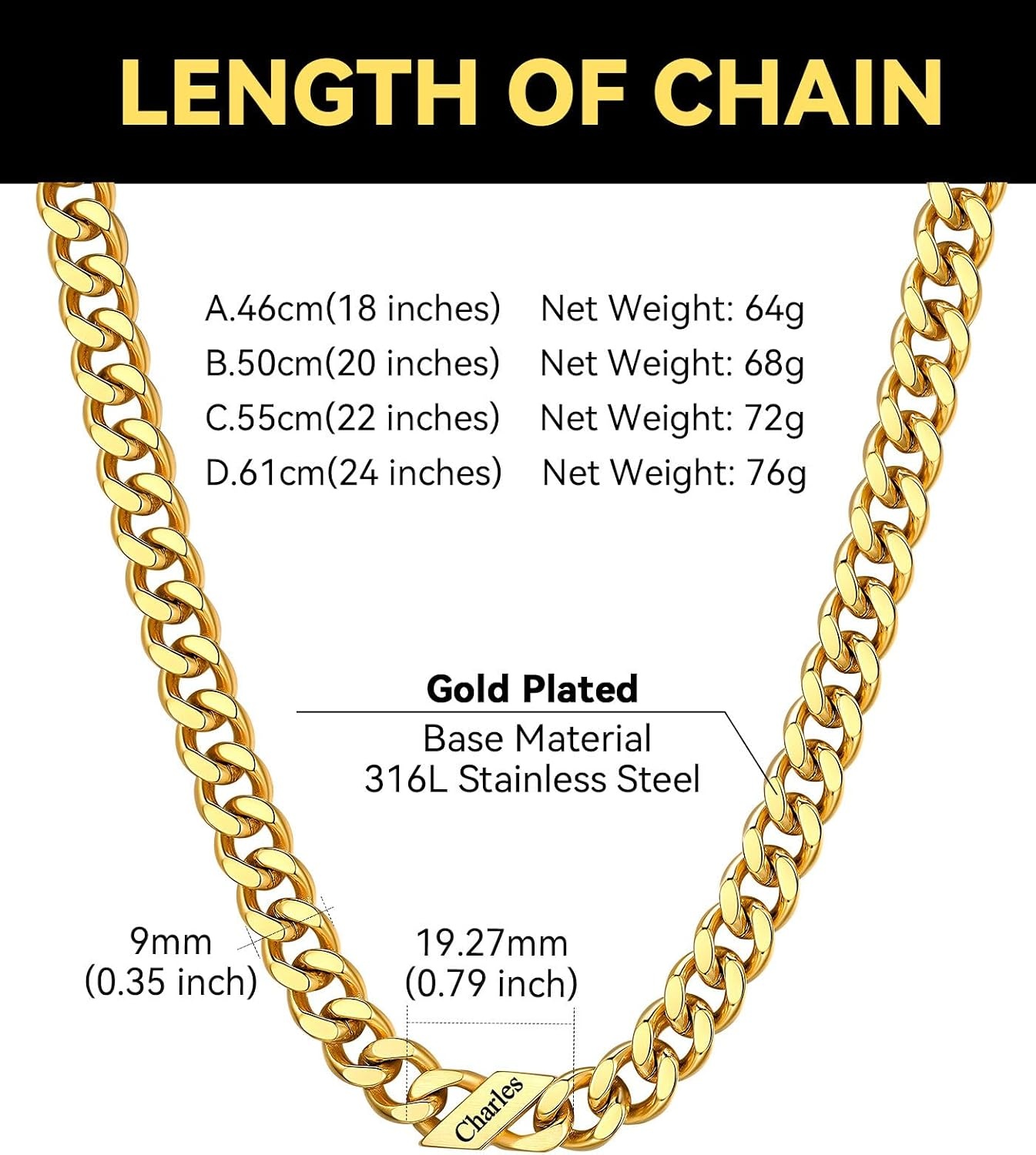 image:imageChainsHouse Personalized Cuban Link Chain for Men WomenCustom Engraved 16 Names5mm7mm9mm12mm Width Chain Name Necklace with Gift BoxHypoallergenic amp WaterproofFGoldMen9mm width