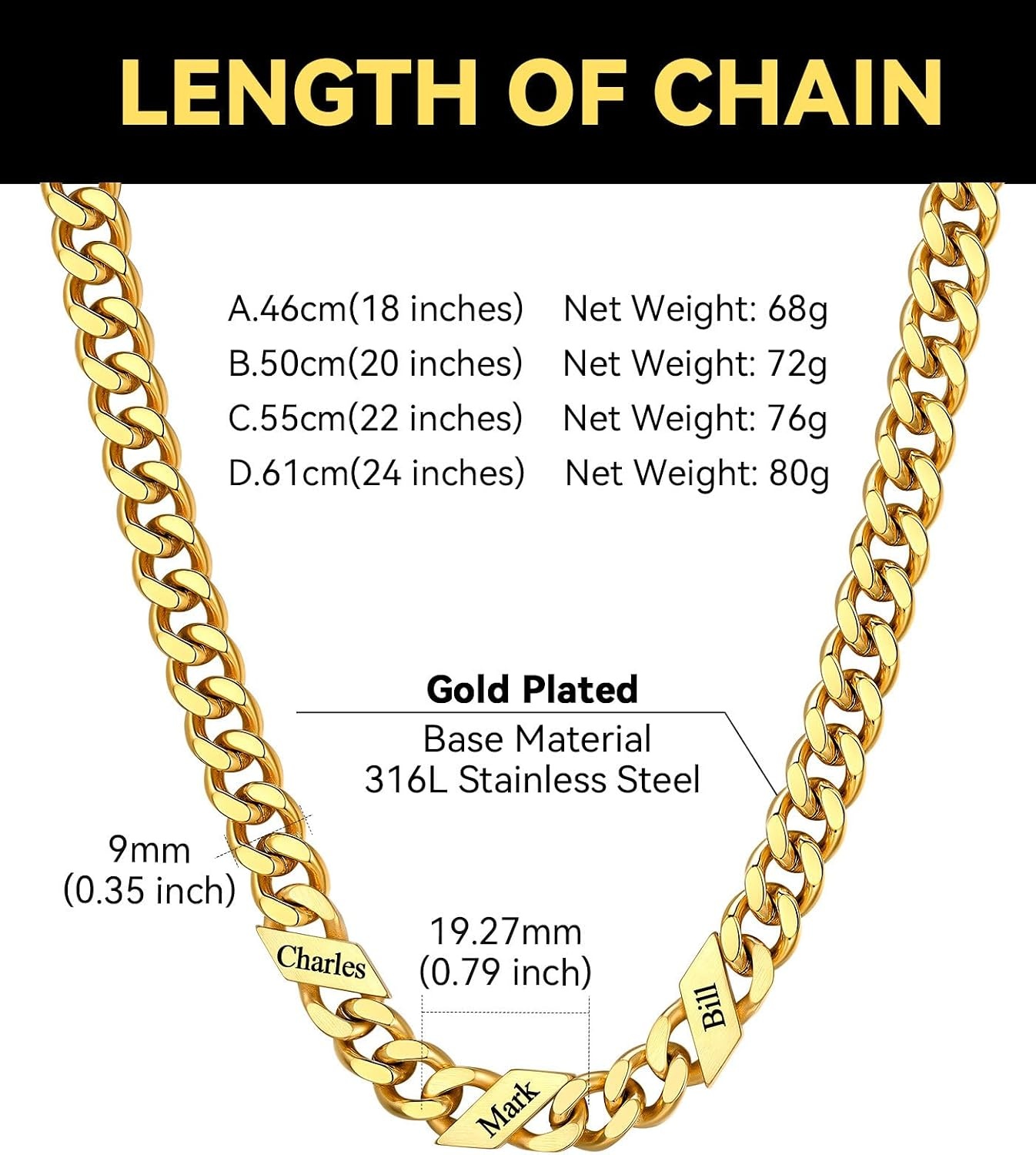 image:imageChainsHouse Personalized Cuban Link Chain for Men WomenCustom Engraved 16 Names5mm7mm9mm12mm Width Chain Name Necklace with Gift BoxHypoallergenic amp WaterproofFGoldMen9mm width