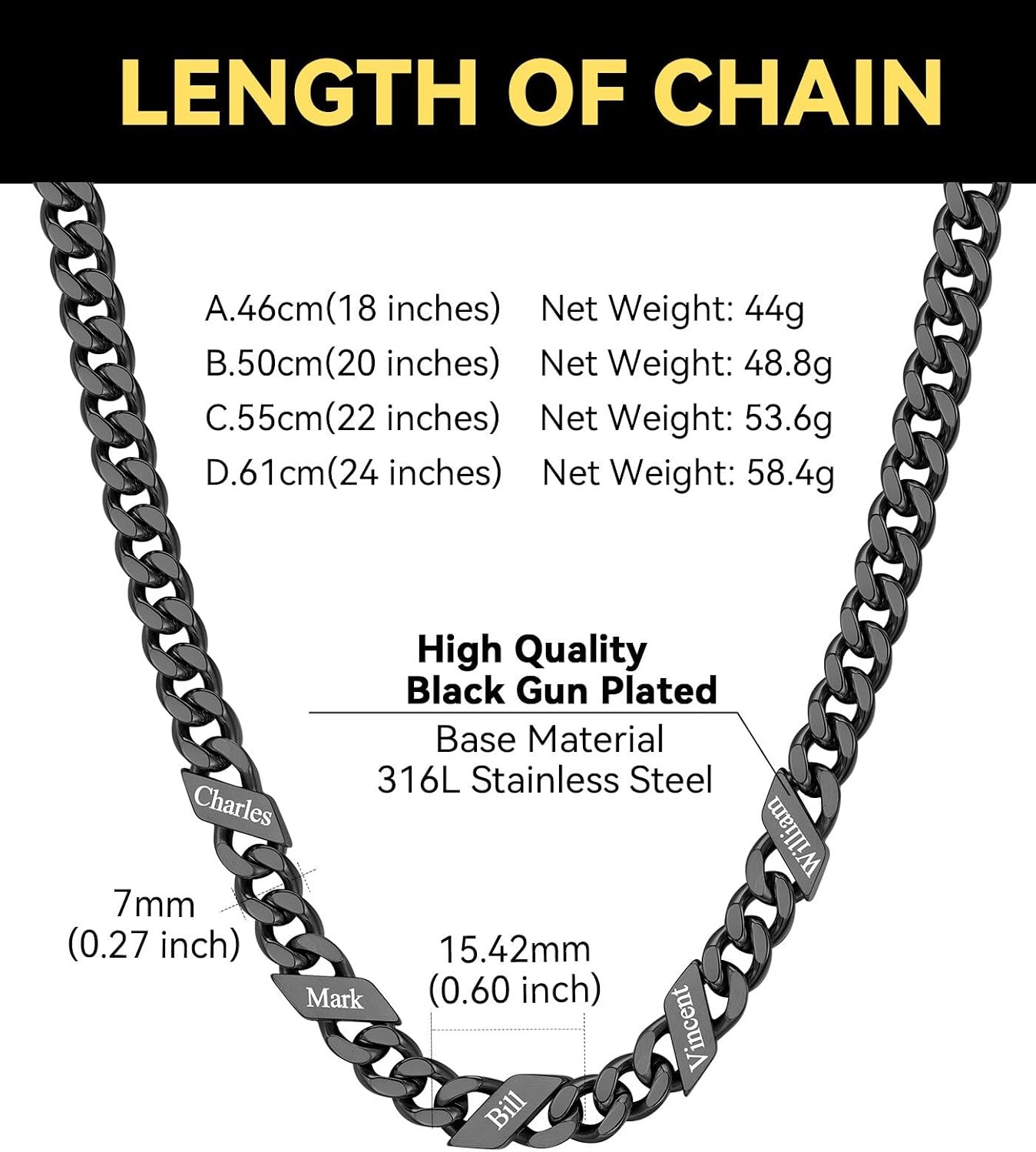 image:imageChainsHouse Personalized Cuban Link Chain for Men WomenCustom Engraved 16 Names5mm7mm9mm12mm Width Chain Name Necklace with Gift BoxHypoallergenic amp WaterproofHBlackMen7mm width