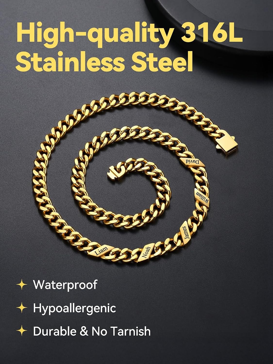 image:imageChainsHouse Personalized Cuban Link Chain for Men WomenCustom Engraved 16 Names5mm7mm9mm12mm Width Chain Name Necklace with Gift BoxHypoallergenic amp WaterproofDGoldMen7mm width
