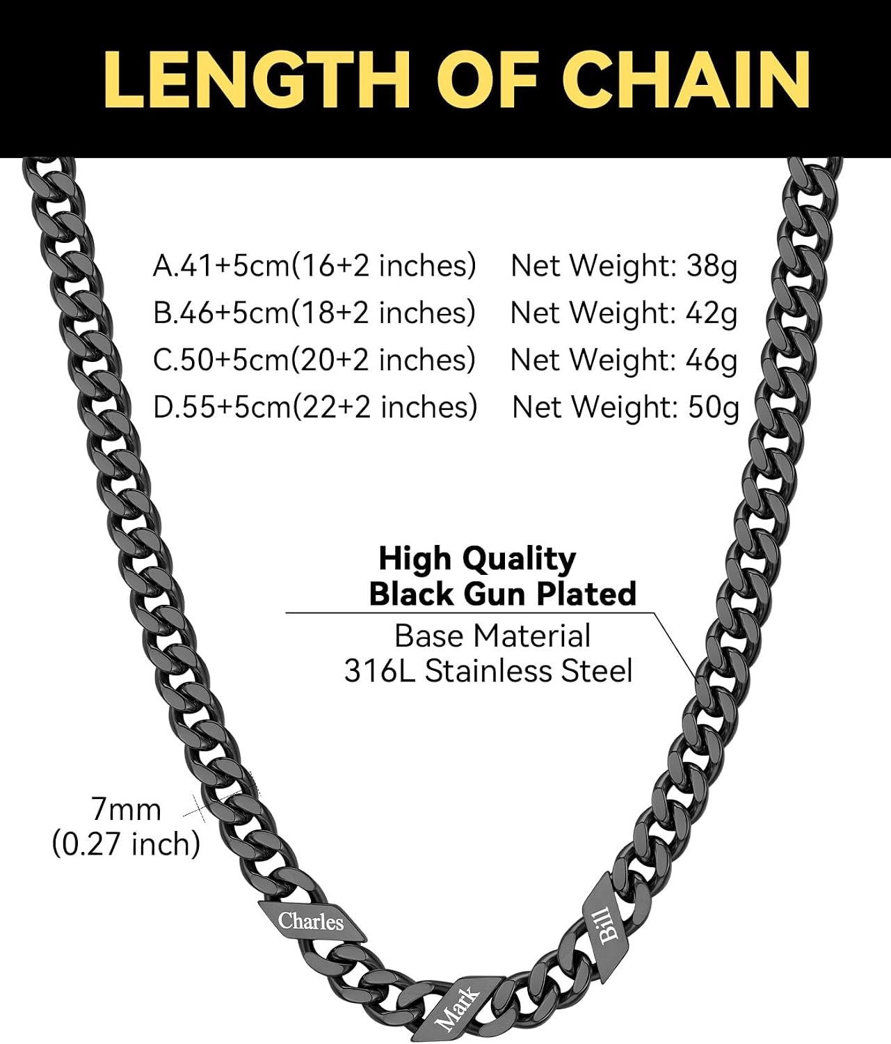 image:imageChainsHouse Personalized Cuban Link Chain for Men WomenCustom Engraved 16 Names5mm7mm9mm12mm Width Chain Name Necklace with Gift BoxHypoallergenic amp WaterproofRBlackWomen7mm width