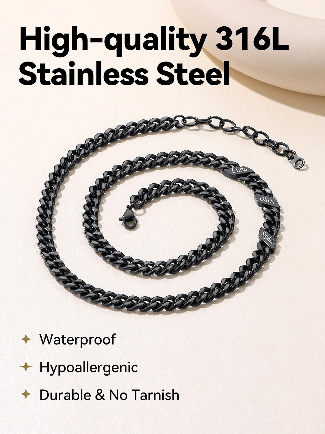 image:imageChainsHouse Personalized Cuban Link Chain for Men WomenCustom Engraved 16 Names5mm7mm9mm12mm Width Chain Name Necklace with Gift BoxHypoallergenic amp WaterproofRBlackWomen7mm width