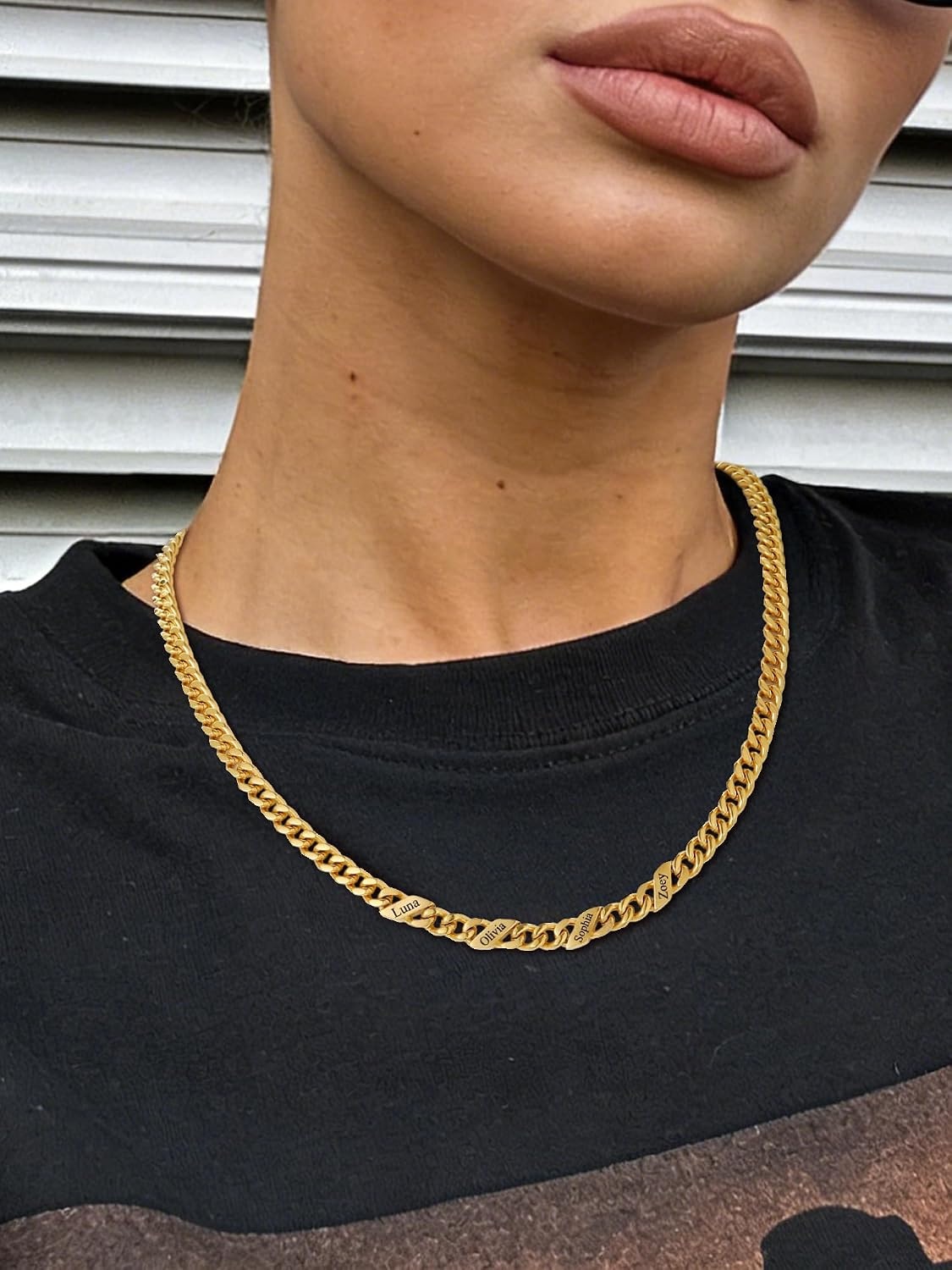 image:imageChainsHouse Personalized Cuban Link Chain for Men WomenCustom Engraved 16 Names5mm7mm9mm12mm Width Chain Name Necklace with Gift BoxHypoallergenic amp WaterproofOGoldWomen7mm width