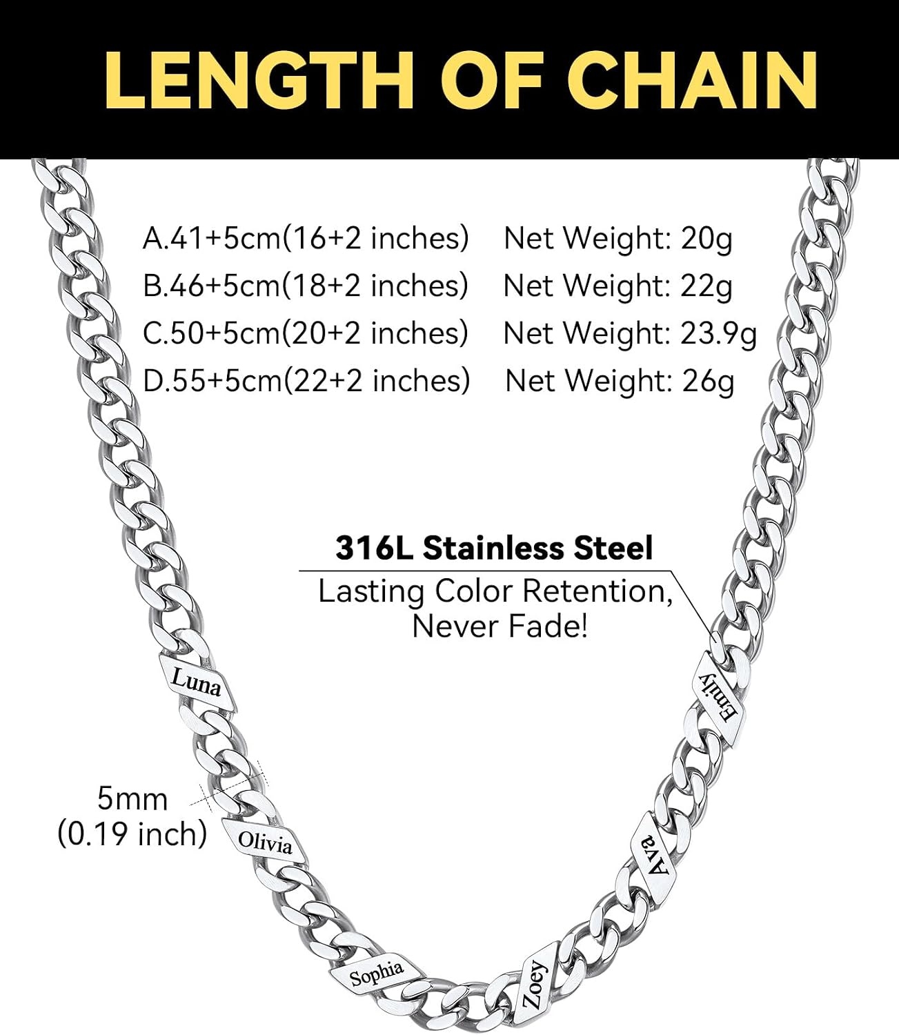 image:imageChainsHouse Personalized Cuban Link Chain for Men WomenCustom Engraved 16 Names5mm7mm9mm12mm Width Chain Name Necklace with Gift BoxHypoallergenic amp WaterproofKSteelWomen5mm width