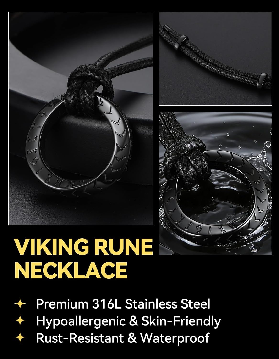image:imageChainsHouse Viking Rune Necklace for Men Stainless Steel Norse Mobius Ring amp Viking Circle Pendant Nordic Mythology Protection Amulet with Adjustable Wax Cord with Gift Boxb Mobius RingBlack