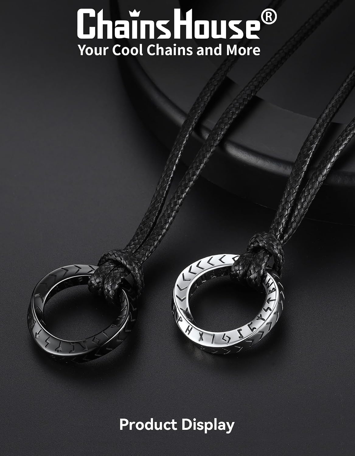 image:imageChainsHouse Viking Rune Necklace for Men Stainless Steel Norse Mobius Ring amp Viking Circle Pendant Nordic Mythology Protection Amulet with Adjustable Wax Cord with Gift Boxa Mobius RingSteel