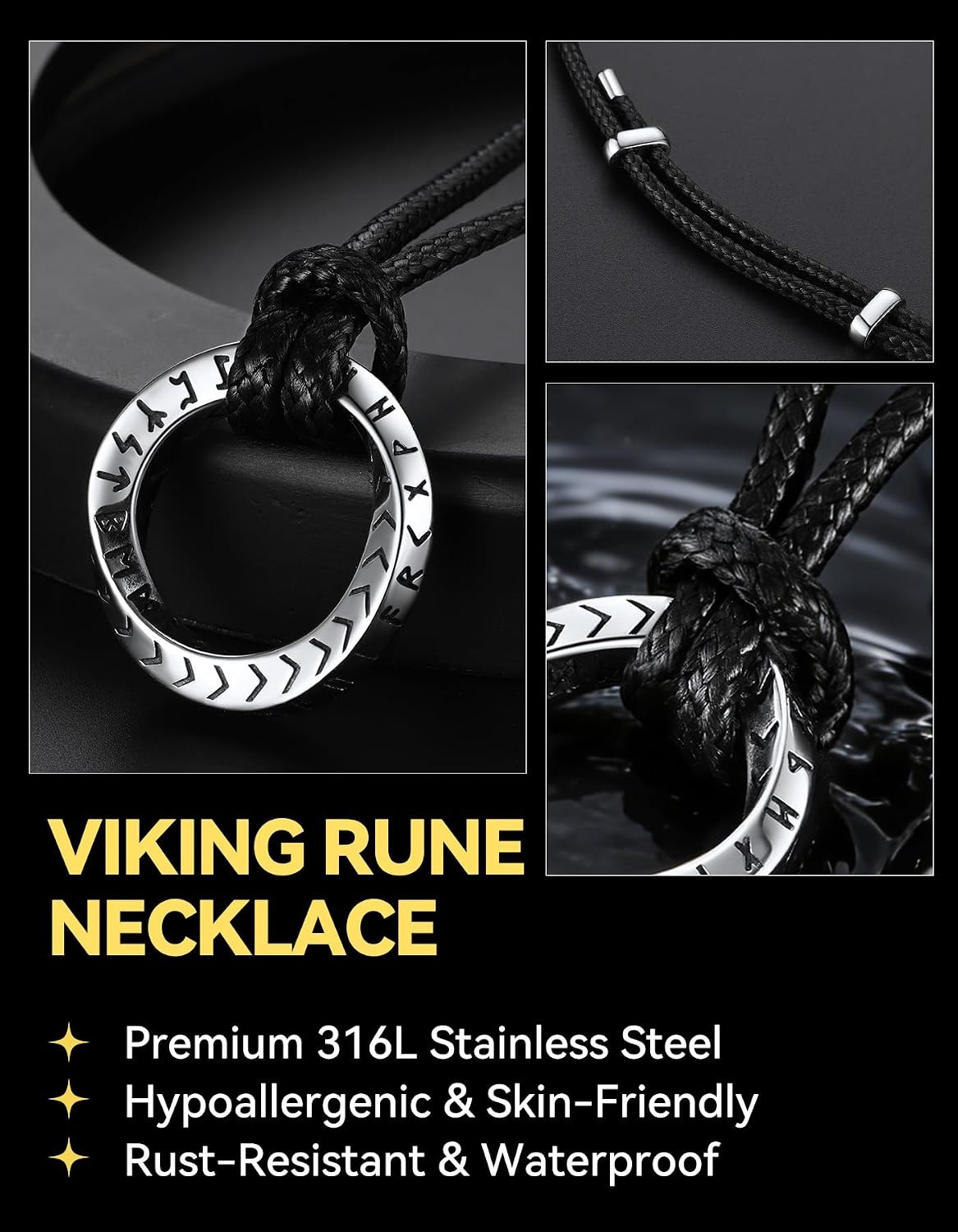 image:imageChainsHouse Viking Rune Necklace for Men Stainless Steel Norse Mobius Ring amp Viking Circle Pendant Nordic Mythology Protection Amulet with Adjustable Wax Cord with Gift Boxa Mobius RingSteel