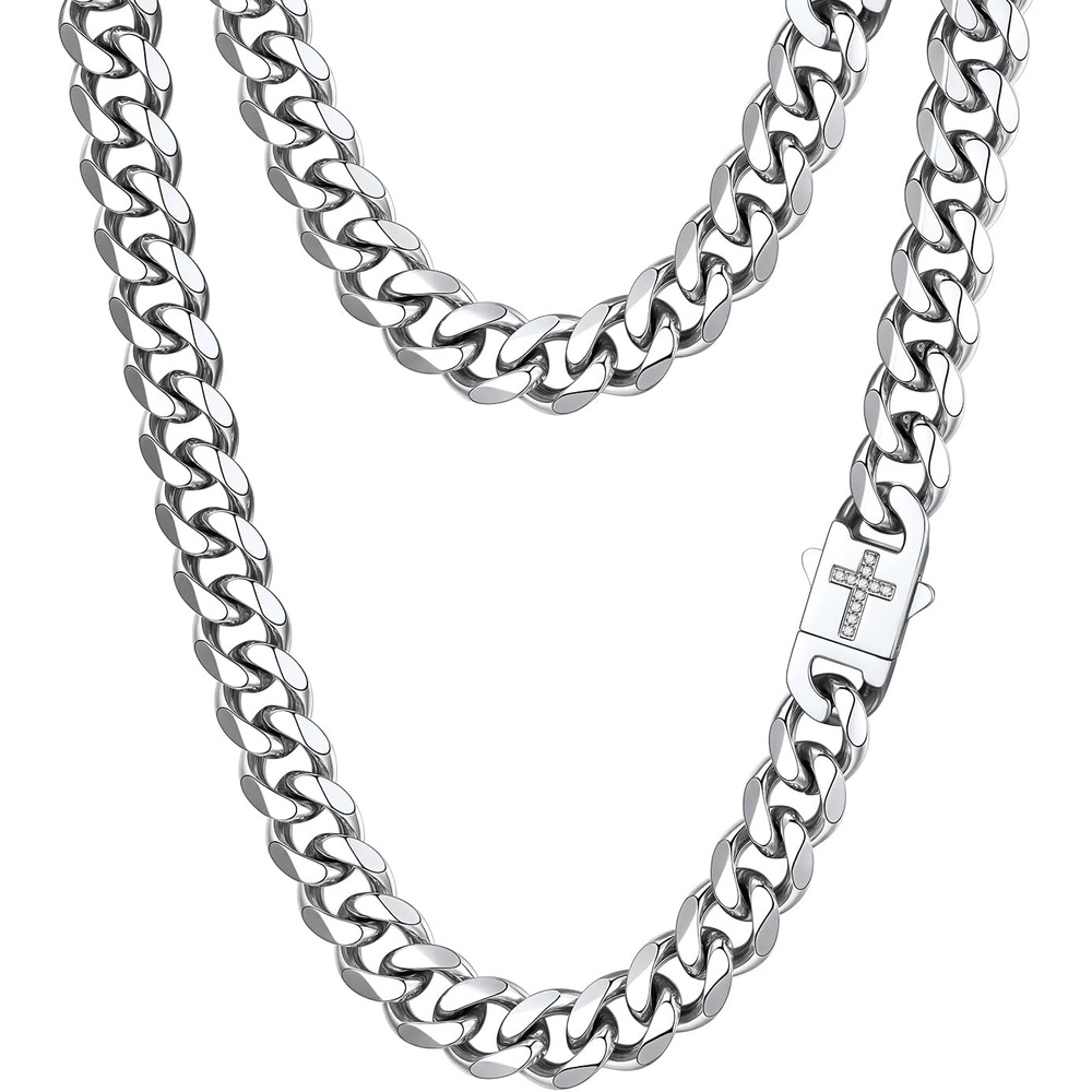 image:imageChainsHouse Mens Cuban Link Chain Necklace 6912mm 1830inch Stainless Steel Gold Black with Iced Out Cross Clasp Hip Hop Chunky Jewelry for Menb 12mm widthsteel