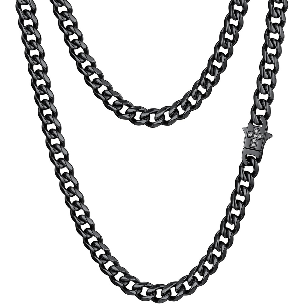 image:imageChainsHouse Mens Cuban Link Chain Necklace 6912mm 1830inch Stainless Steel Gold Black with Iced Out Cross Clasp Hip Hop Chunky Jewelry for Menc 6mm widthblack