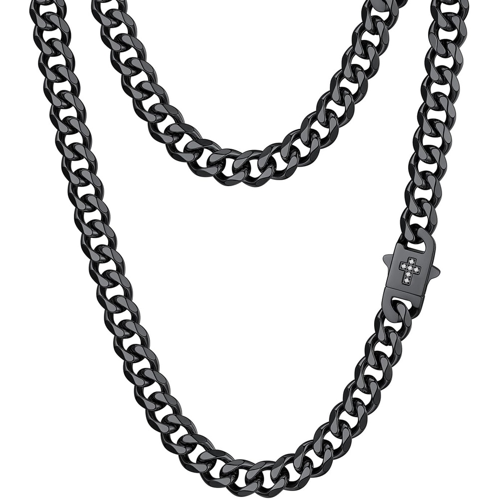image:imageChainsHouse Mens Cuban Link Chain Necklace 6912mm 1830inch Stainless Steel Gold Black with Iced Out Cross Clasp Hip Hop Chunky Jewelry for Menc 9mm widthblack
