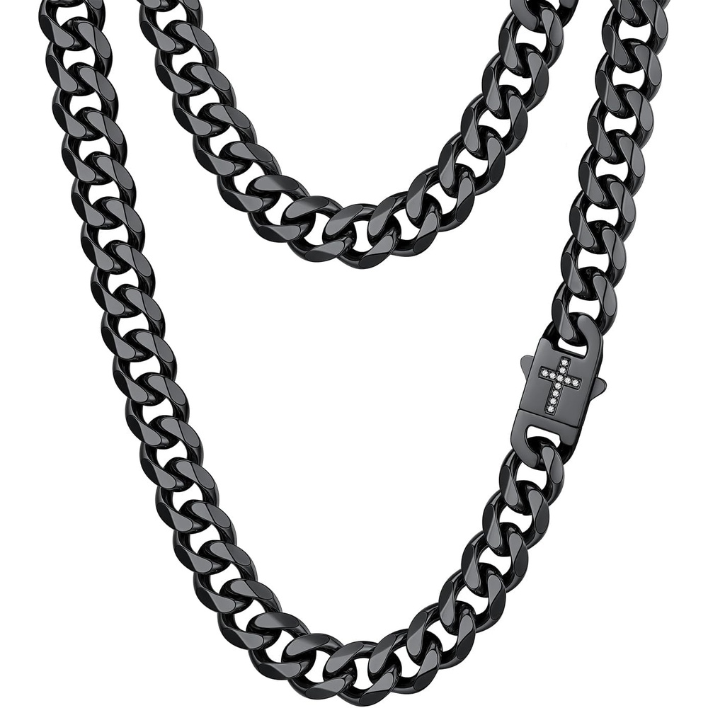 image:imageChainsHouse Mens Cuban Link Chain Necklace 6912mm 1830inch Stainless Steel Gold Black with Iced Out Cross Clasp Hip Hop Chunky Jewelry for Mend 12mm widthblack