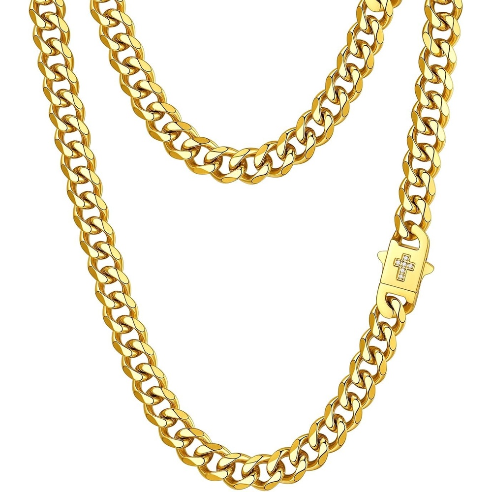 image:imageChainsHouse Mens Cuban Link Chain Necklace 6912mm 1830inch Stainless Steel Gold Black with Iced Out Cross Clasp Hip Hop Chunky Jewelry for Menf 9mm widthgold plated