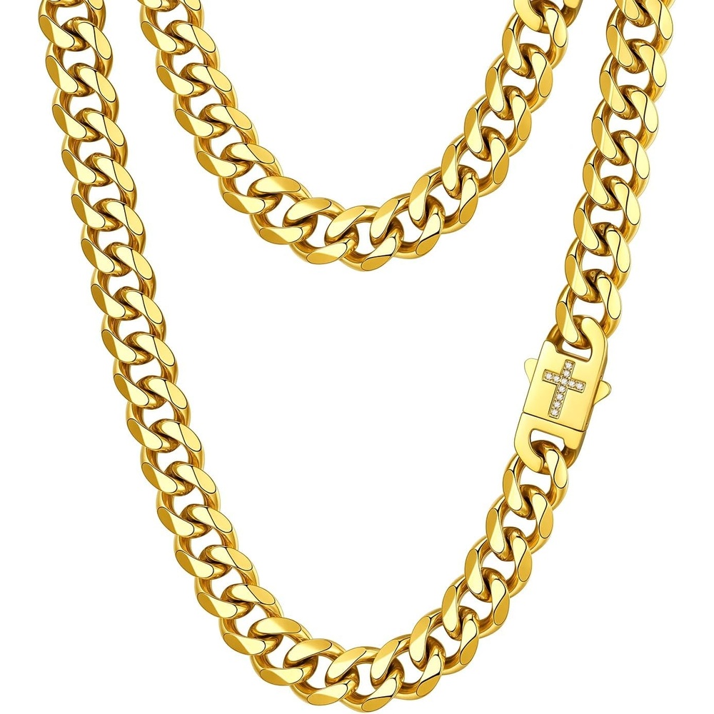 image:imageChainsHouse Mens Cuban Link Chain Necklace 6912mm 1830inch Stainless Steel Gold Black with Iced Out Cross Clasp Hip Hop Chunky Jewelry for Meng 12mm widthgold plated
