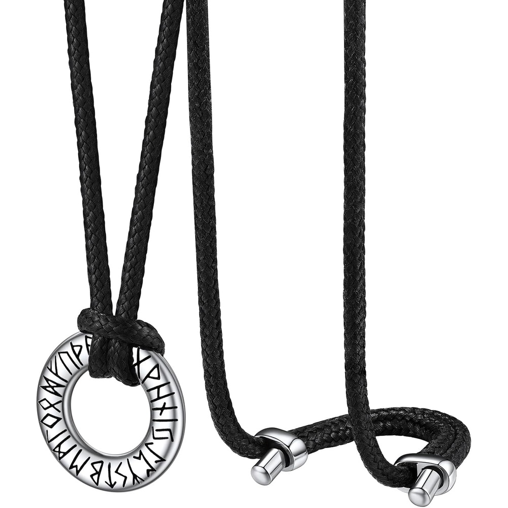 image:imageChainsHouse Viking Rune Necklace for Men Stainless Steel Norse Mobius Ring amp Viking Circle Pendant Nordic Mythology Protection Amulet with Adjustable Wax Cord with Gift Boxc CircleSteel