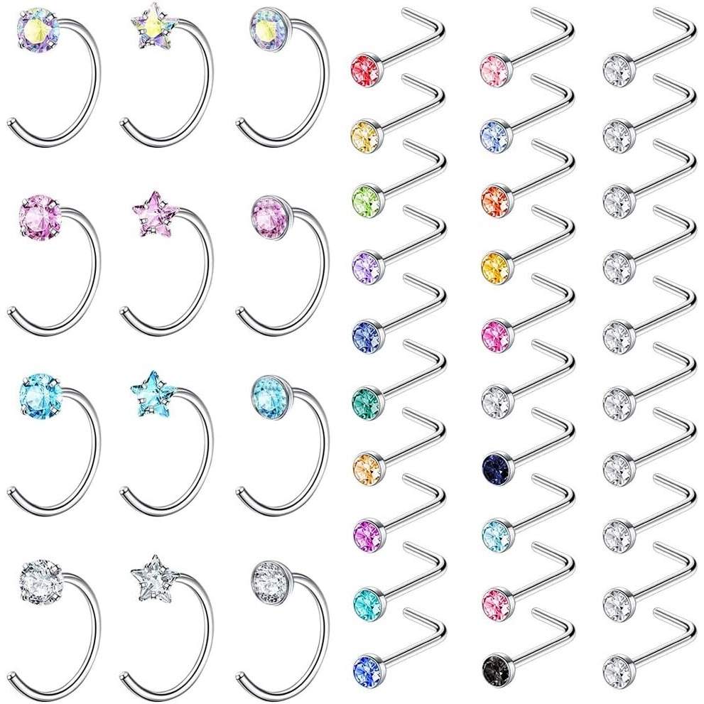 image:imagePunkTracker 20G 42Pcs Nose Rings Nose Rings for Women L Shape Surgical Steel Nose Ring Nose Hoops Stud Screw Nose Piercing Jewelry