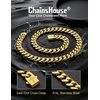 ChainsHouse Mens Cuban Link Chain Necklace 6/9/12mm, 18-30inch, Stainless Steel Gold Black with Iced Out Cross Clasp, Hip Hop Chunky Jewelry for Men(g. 12mm width-gold plated)