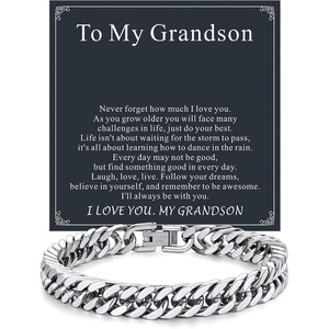 ChainsHouse Cuban Link Chain Bracelet Anniversary Birthday Valentines Father’s Day Stainless Steel/Black Bracelet Men, To My Man Love Husband Dad, Chain Bracelet for Men Him Jewelry Gifts(01-To My Grandson-Steel)
