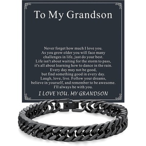 ChainsHouse Cuban Link Chain Bracelet Anniversary Birthday Valentines Father’s Day Stainless Steel/Black Bracelet Men, To My Man Love Husband Dad, Chain Bracelet for Men Him Jewelry Gifts(02-To My Grandson-Black)