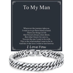 ChainsHouse Cuban Link Chain Bracelet Anniversary Birthday Valentines Father’s Day Stainless Steel/Black Bracelet Men, To My Man Love Husband Dad, Chain Bracelet for Men Him Jewelry Gifts(01-To My Man-Steel)