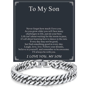 ChainsHouse Cuban Link Chain Bracelet Anniversary Birthday Valentines Father’s Day Stainless Steel/Black Bracelet Men, To My Man Love Husband Dad, Chain Bracelet for Men Him Jewelry Gifts(01-To My Son-Steel)