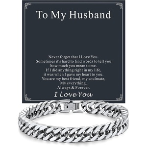 ChainsHouse Cuban Link Chain Bracelet Anniversary Birthday Valentines Father’s Day Stainless Steel/Black Bracelet Men, To My Man Love Husband Dad, Chain Bracelet for Men Him Jewelry Gifts(01-To My Husband-Steel)