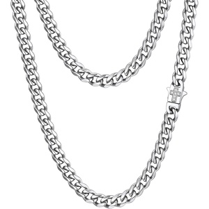ChainsHouse Mens Cuban Link Chain Necklace 6/9/12mm, 18-30inch, Stainless Steel Gold Black with Iced Out Cross Clasp, Hip Hop Chunky Jewelry for Men(a. 6mm width-steel)