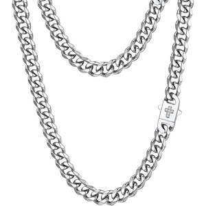 ChainsHouse Mens Cuban Link Chain Necklace 6/9/12mm, 18-30inch, Stainless Steel Gold Black with Iced Out Cross Clasp, Hip Hop Chunky Jewelry for Men(a. 9mm width-steel)