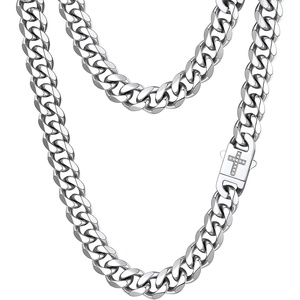 ChainsHouse Mens Cuban Link Chain Necklace 6/9/12mm, 18-30inch, Stainless Steel Gold Black with Iced Out Cross Clasp, Hip Hop Chunky Jewelry for Men(b. 12mm width-steel)