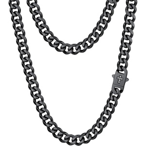 ChainsHouse Mens Cuban Link Chain Necklace 6/9/12mm, 18-30inch, Stainless Steel Gold Black with Iced Out Cross Clasp, Hip Hop Chunky Jewelry for Men(c. 9mm width-black)