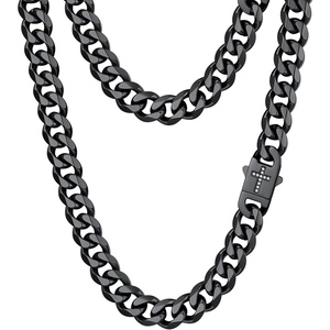 ChainsHouse Mens Cuban Link Chain Necklace 6/9/12mm, 18-30inch, Stainless Steel Gold Black with Iced Out Cross Clasp, Hip Hop Chunky Jewelry for Men(d. 12mm width-black)
