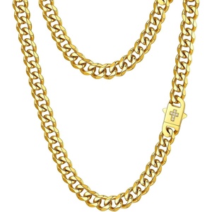 ChainsHouse Mens Cuban Link Chain Necklace 6/9/12mm, 18-30inch, Stainless Steel Gold Black with Iced Out Cross Clasp, Hip Hop Chunky Jewelry for Men(f. 9mm width-gold plated)