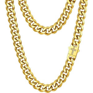 ChainsHouse Mens Cuban Link Chain Necklace 6/9/12mm, 18-30inch, Stainless Steel Gold Black with Iced Out Cross Clasp, Hip Hop Chunky Jewelry for Men(g. 12mm width-gold plated)