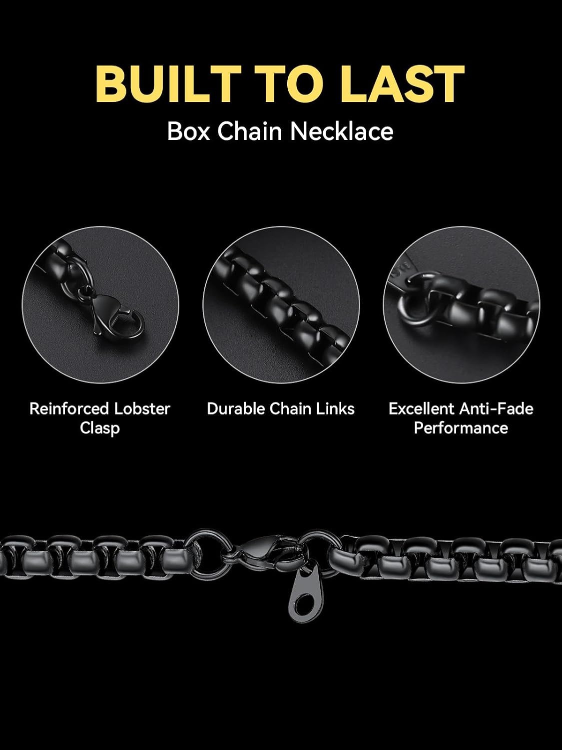 image:imageChainsHouse Stainless Steel Box Chain for Men SilverBlackGold Plated Round Box Necklace for Pendant Women No Tarnish Durable Hip Hop Jewelry Father Gift 3mm6mm Width 1830 LengthC3mmBlack
