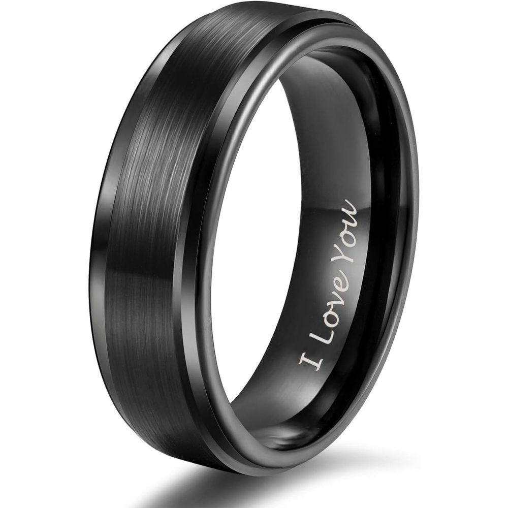 image:imageTRUMIUM 4mm 6mm 8mm Tungsten Rings for Men Women  Silver Blue Rose Gold Plated Black Tungsten Wedding Band Matte Brushed Finish Comfort Fit Size 4156mm Black I Love YouStep Edge