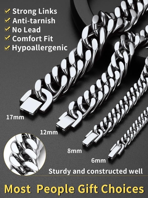 image:imageChainsHouse Stainless Steel Cuban Link Bracelet 6mm8mm12mm17mm Width 75839 Black 18K Gold Plated Chain Wrist Bracelets for Men Women Send Gift BoxA Steel8mm width
