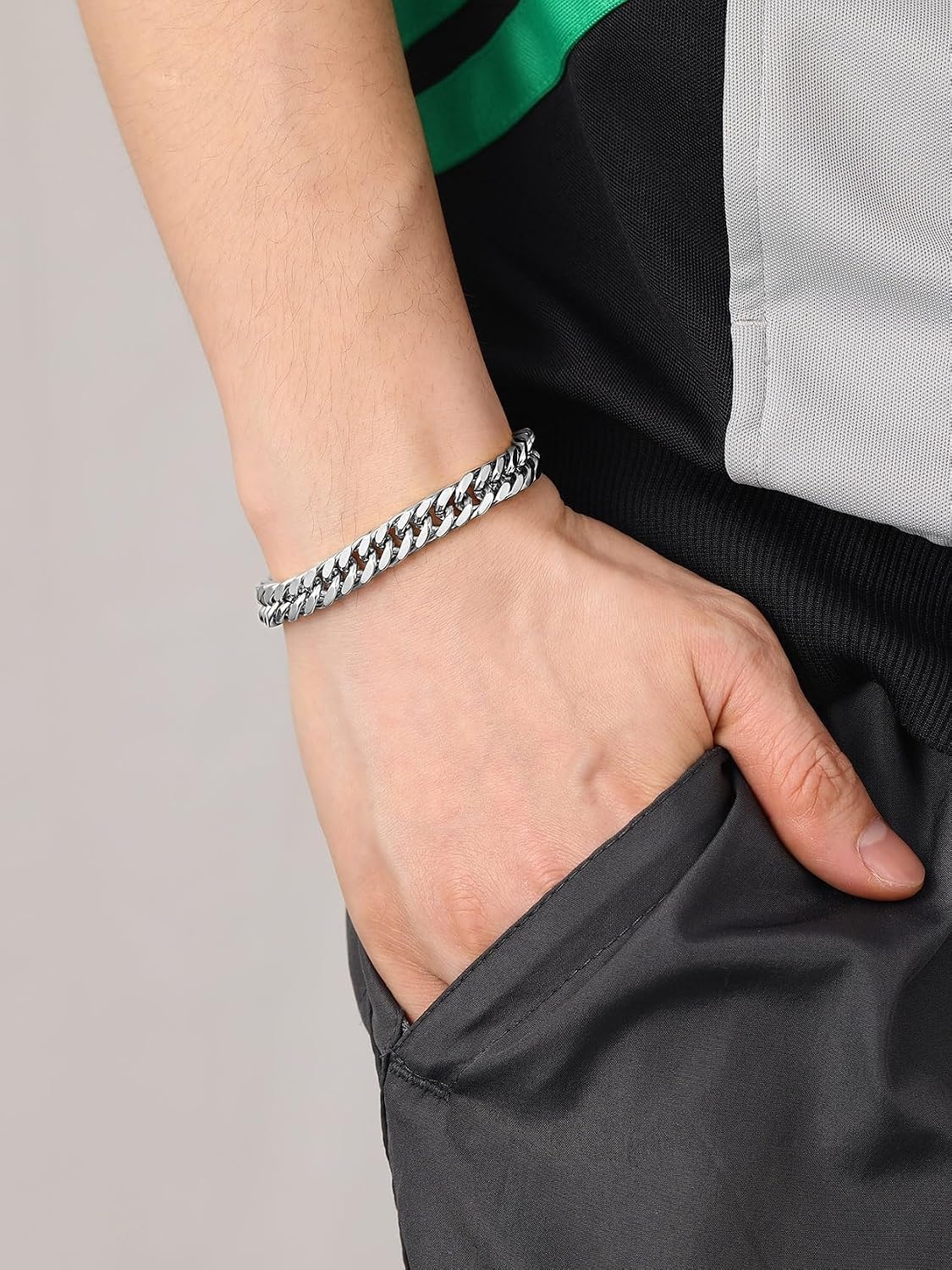 image:imageChainsHouse Stainless Steel Cuban Link Bracelet 6mm8mm12mm17mm Width 75839 Black 18K Gold Plated Chain Wrist Bracelets for Men Women Send Gift BoxA Steel8mm width