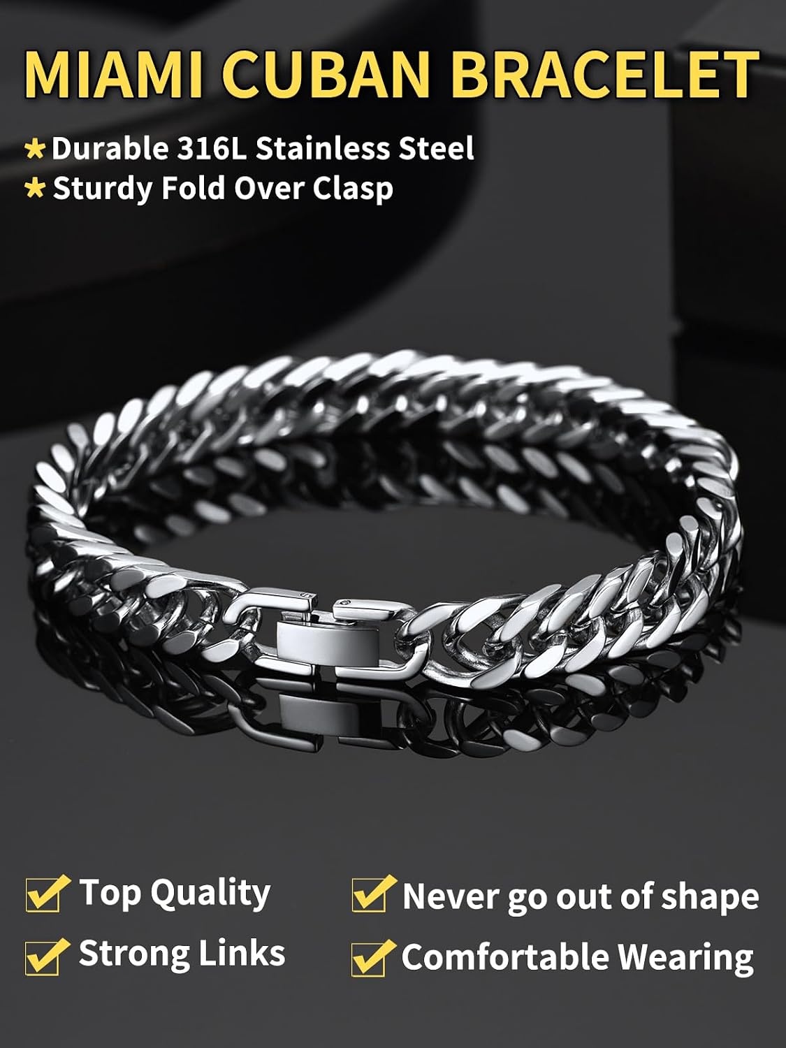 image:imageChainsHouse Stainless Steel Cuban Link Bracelet 6mm8mm12mm17mm Width 75839 Black 18K Gold Plated Chain Wrist Bracelets for Men Women Send Gift BoxB Steel8mm width