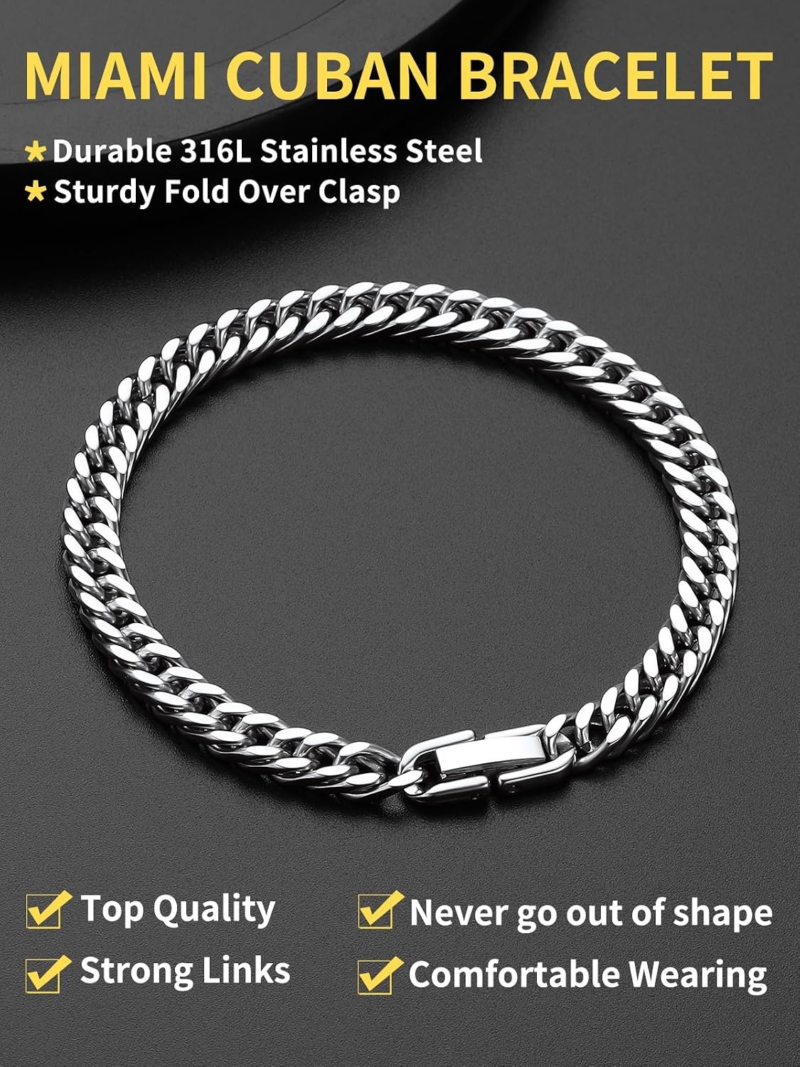 image:imageChainsHouse Stainless Steel Cuban Link Bracelet 6mm8mm12mm17mm Width 75839 Black 18K Gold Plated Chain Wrist Bracelets for Men Women Send Gift BoxC Steel6mm width