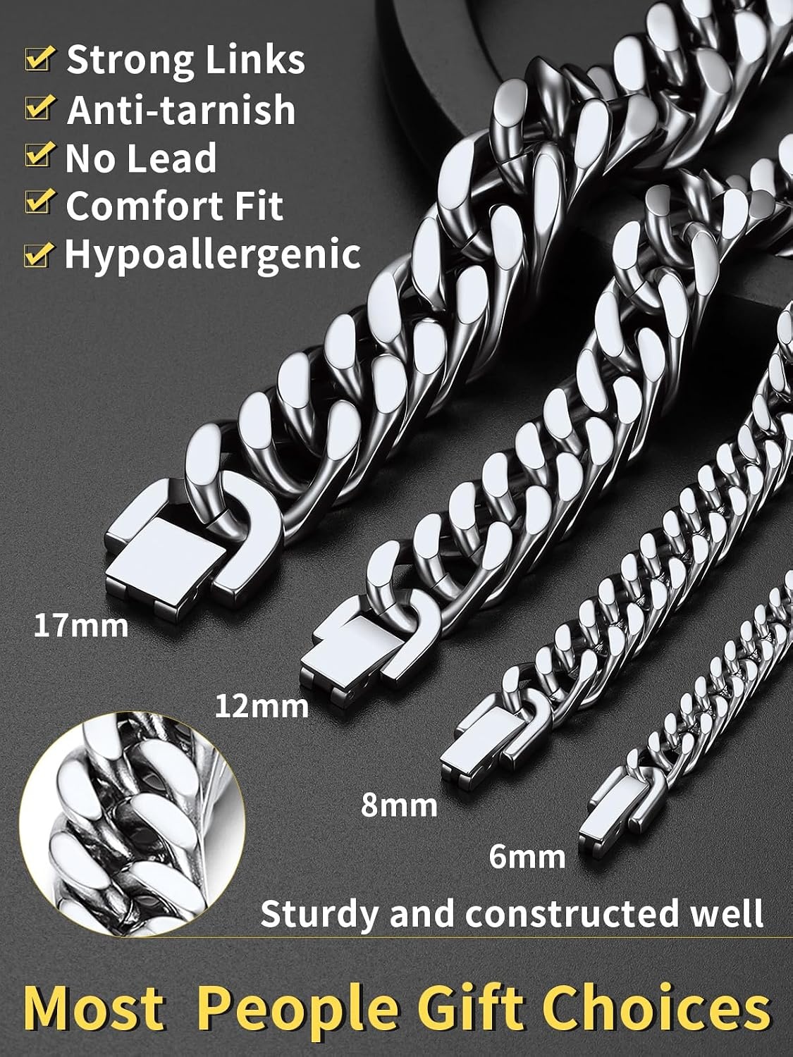 image:imageChainsHouse Stainless Steel Cuban Link Bracelet 6mm8mm12mm17mm Width 75839 Black 18K Gold Plated Chain Wrist Bracelets for Men Women Send Gift BoxC Steel6mm width