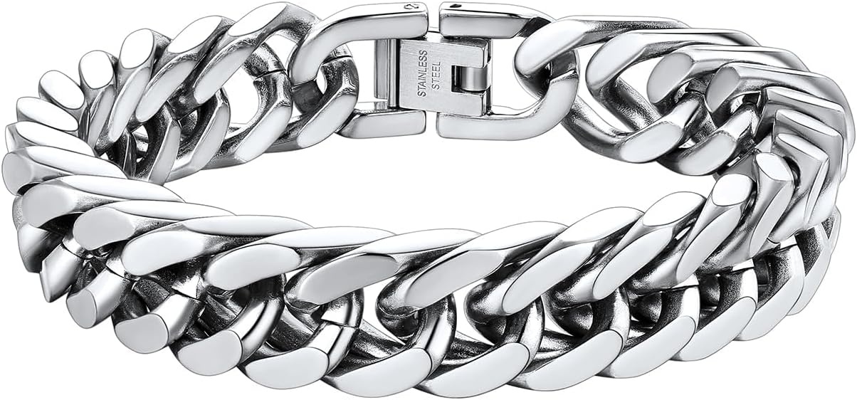 image:imageChainsHouse Stainless Steel Cuban Link Bracelet 6mm8mm12mm17mm Width 75839 Black 18K Gold Plated Chain Wrist Bracelets for Men Women Send Gift BoxD Steel12mm width