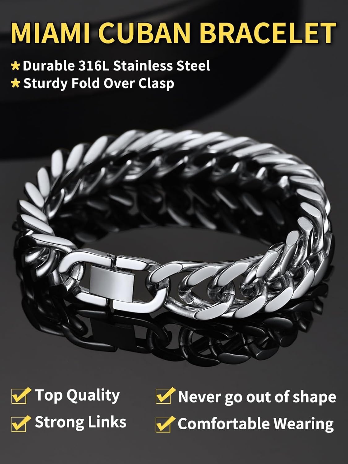 image:imageChainsHouse Stainless Steel Cuban Link Bracelet 6mm8mm12mm17mm Width 75839 Black 18K Gold Plated Chain Wrist Bracelets for Men Women Send Gift BoxD Steel12mm width