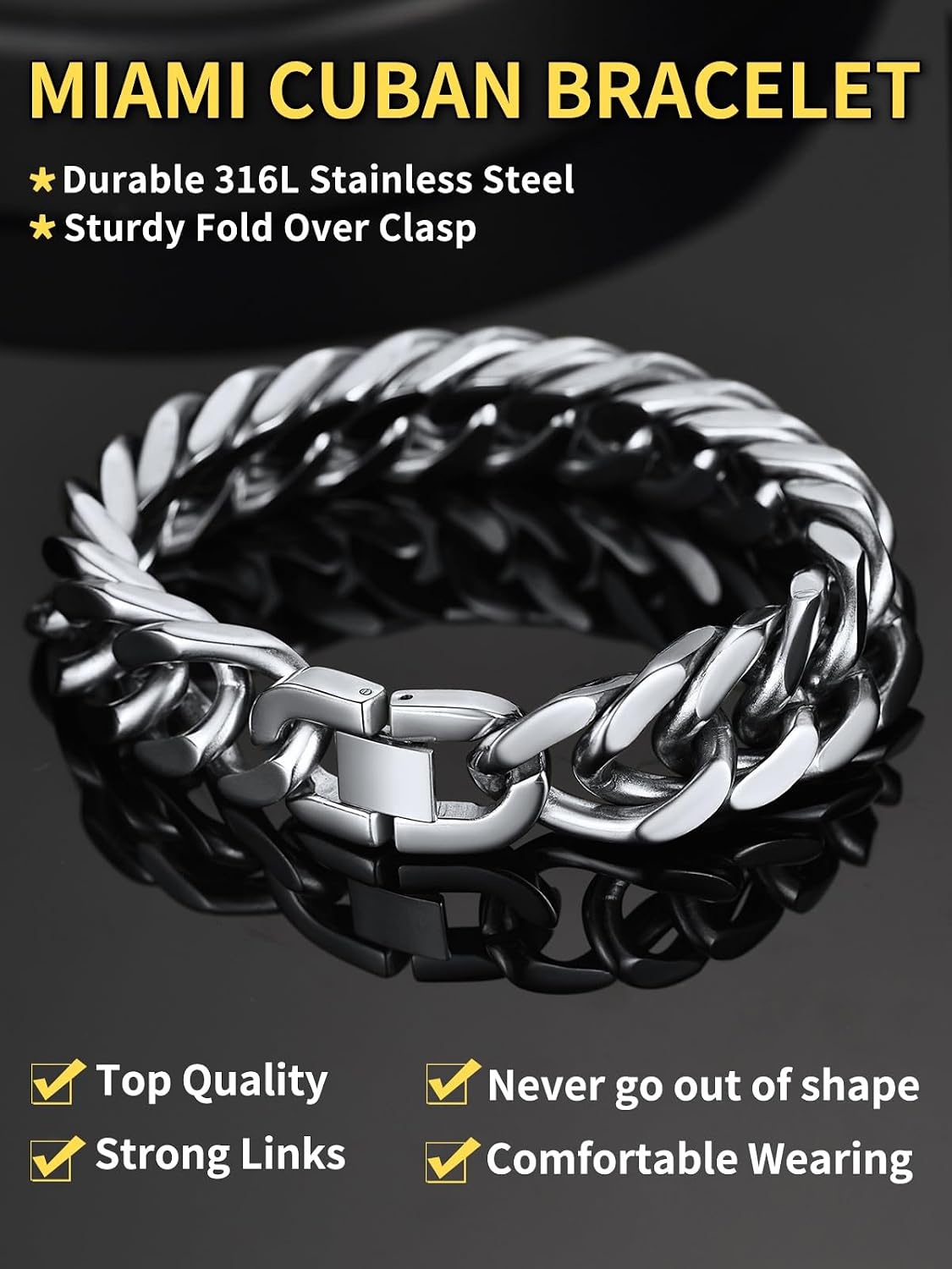 image:imageChainsHouse Stainless Steel Cuban Link Bracelet 6mm8mm12mm17mm Width 75839 Black 18K Gold Plated Chain Wrist Bracelets for Men Women Send Gift BoxE Steel17mm width