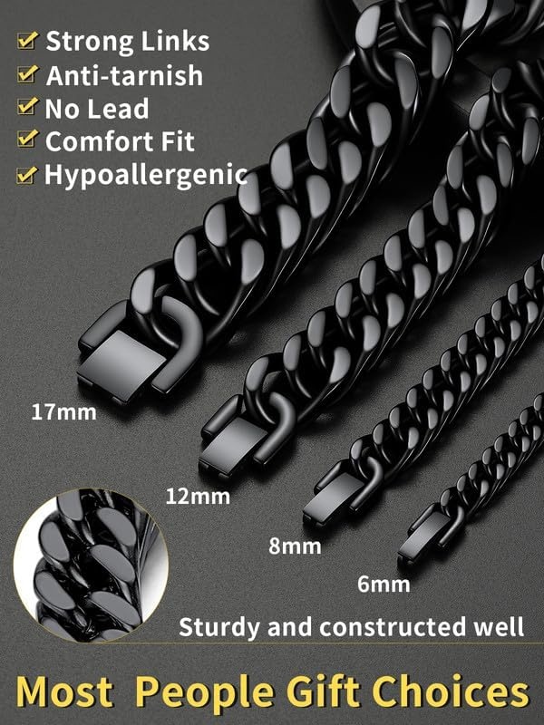 image:imageChainsHouse Stainless Steel Cuban Link Bracelet 6mm8mm12mm17mm Width 75839 Black 18K Gold Plated Chain Wrist Bracelets for Men Women Send Gift BoxF Black8mm width