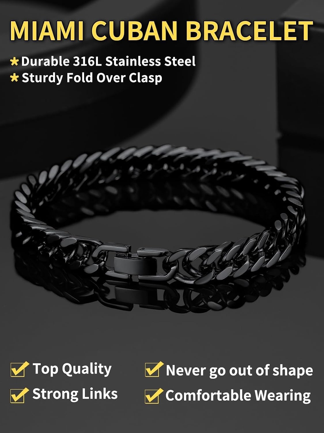 image:imageChainsHouse Stainless Steel Cuban Link Bracelet 6mm8mm12mm17mm Width 75839 Black 18K Gold Plated Chain Wrist Bracelets for Men Women Send Gift BoxF Black8mm width