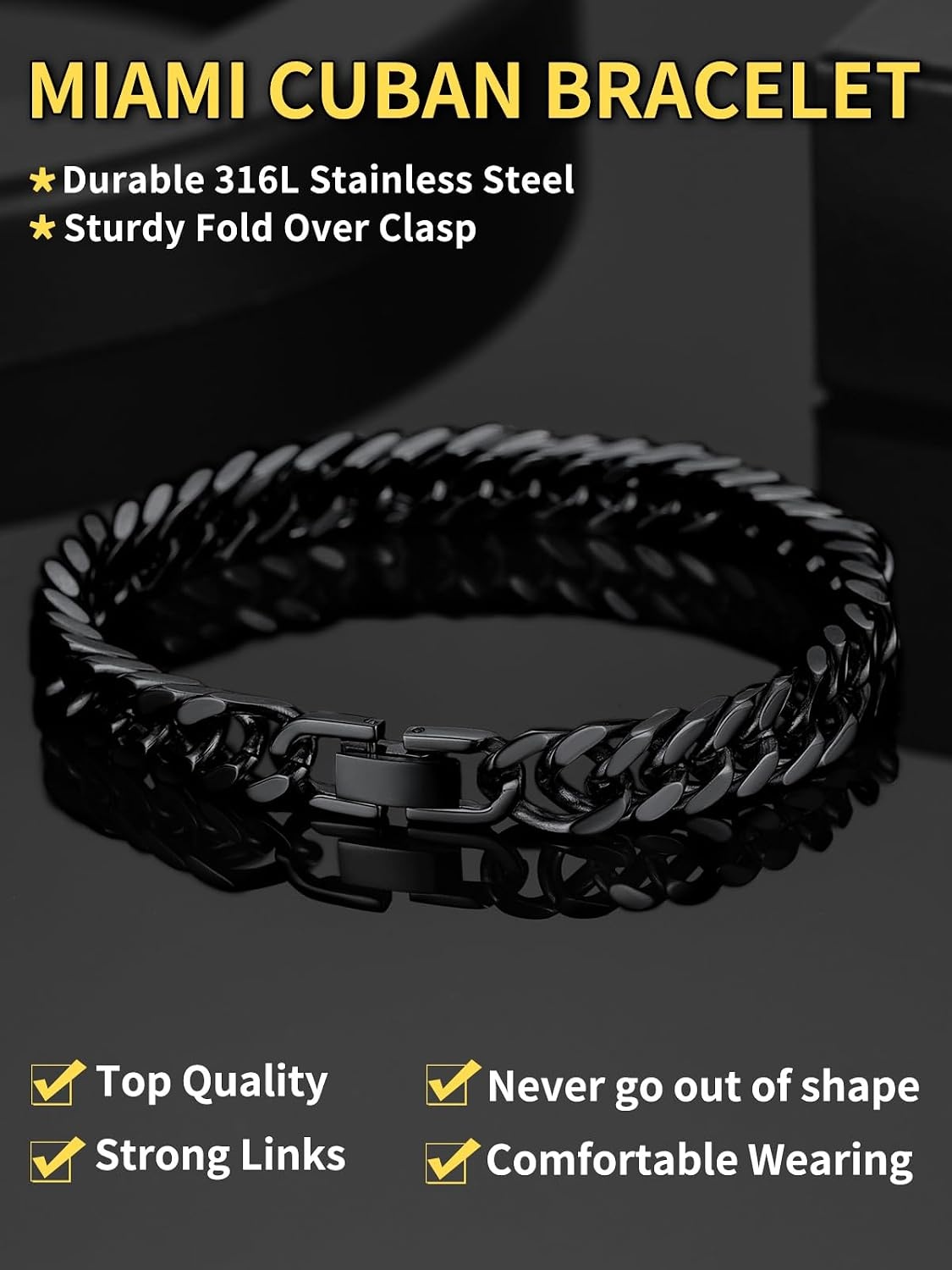 image:imageChainsHouse Stainless Steel Cuban Link Bracelet 6mm8mm12mm17mm Width 75839 Black 18K Gold Plated Chain Wrist Bracelets for Men Women Send Gift BoxG Black8mm width