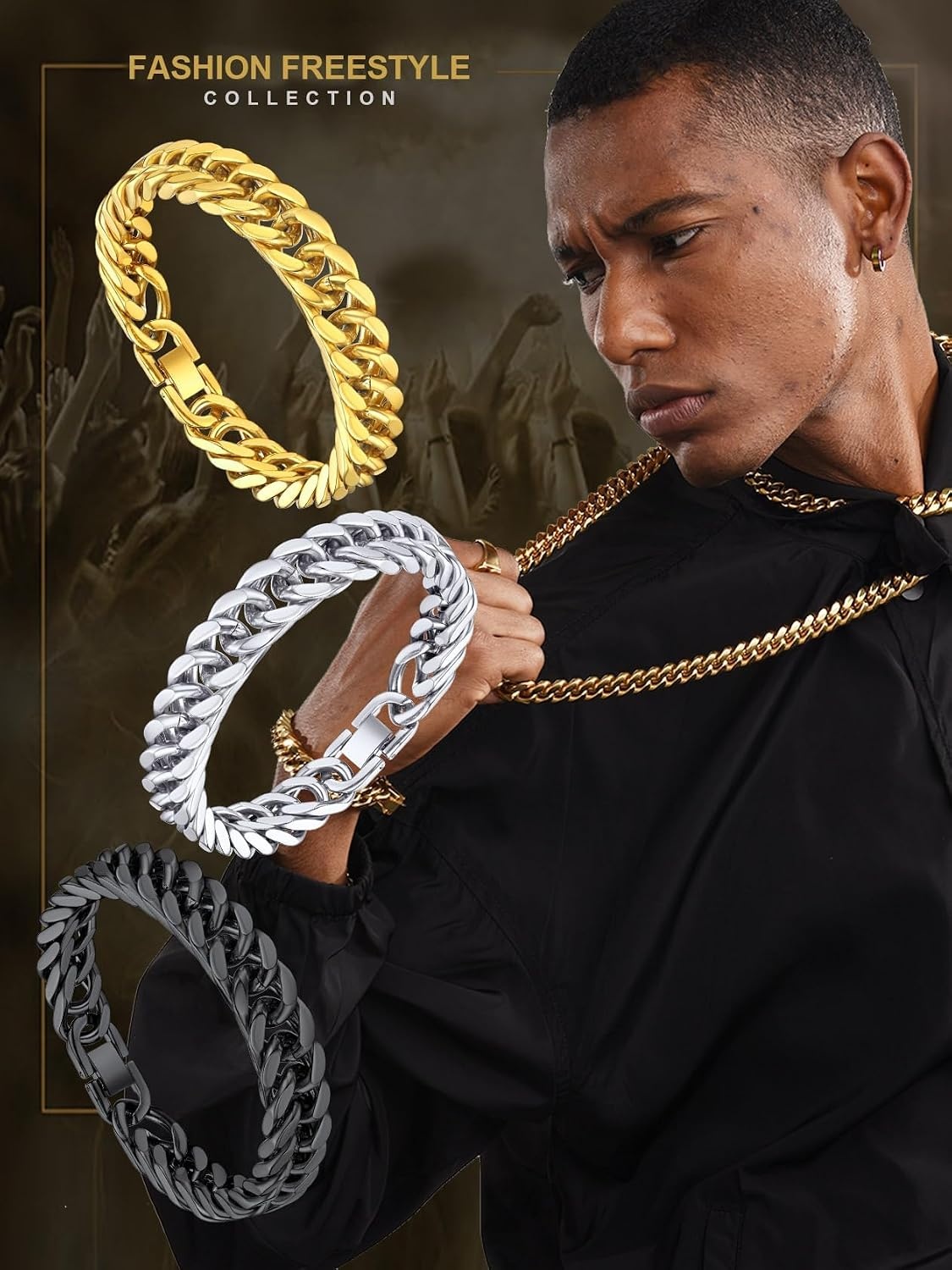 image:imageChainsHouse Stainless Steel Cuban Link Bracelet 6mm8mm12mm17mm Width 75839 Black 18K Gold Plated Chain Wrist Bracelets for Men Women Send Gift BoxG Black8mm width