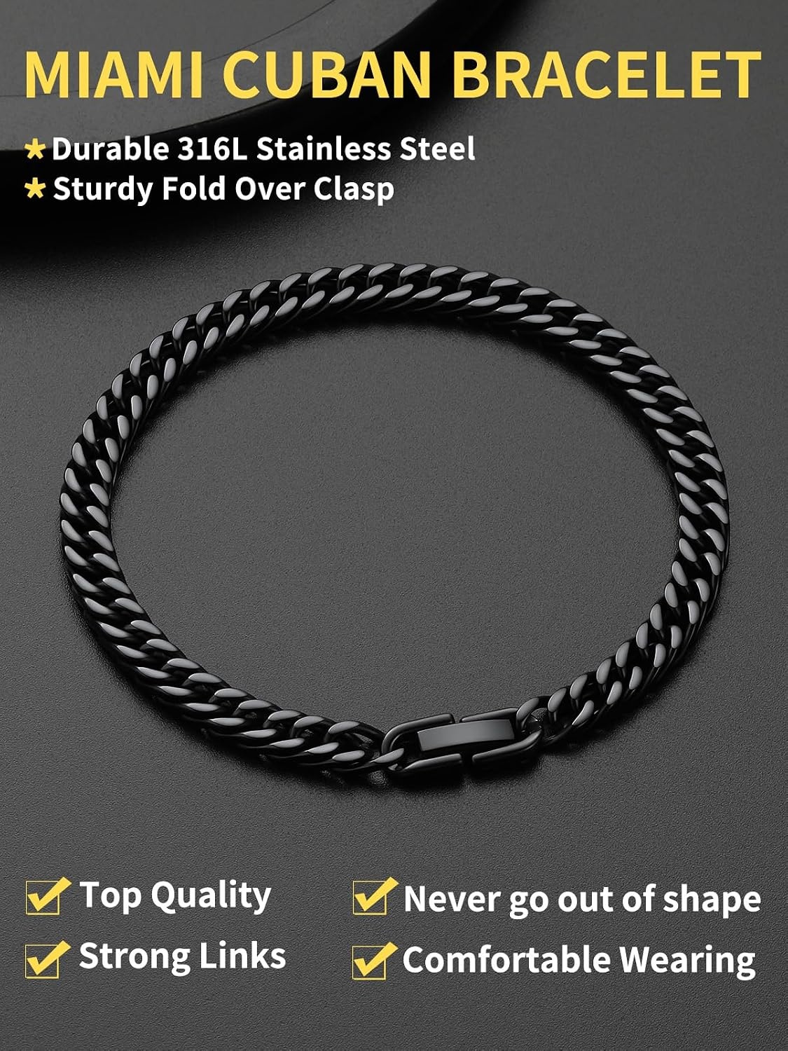 image:imageChainsHouse Stainless Steel Cuban Link Bracelet 6mm8mm12mm17mm Width 75839 Black 18K Gold Plated Chain Wrist Bracelets for Men Women Send Gift BoxH Black6mm width