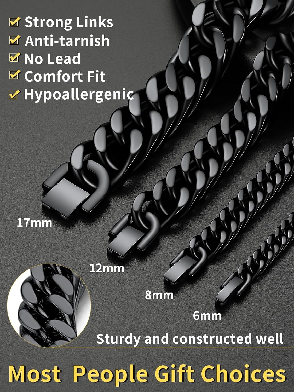 image:imageChainsHouse Stainless Steel Cuban Link Bracelet 6mm8mm12mm17mm Width 75839 Black 18K Gold Plated Chain Wrist Bracelets for Men Women Send Gift BoxH Black6mm width