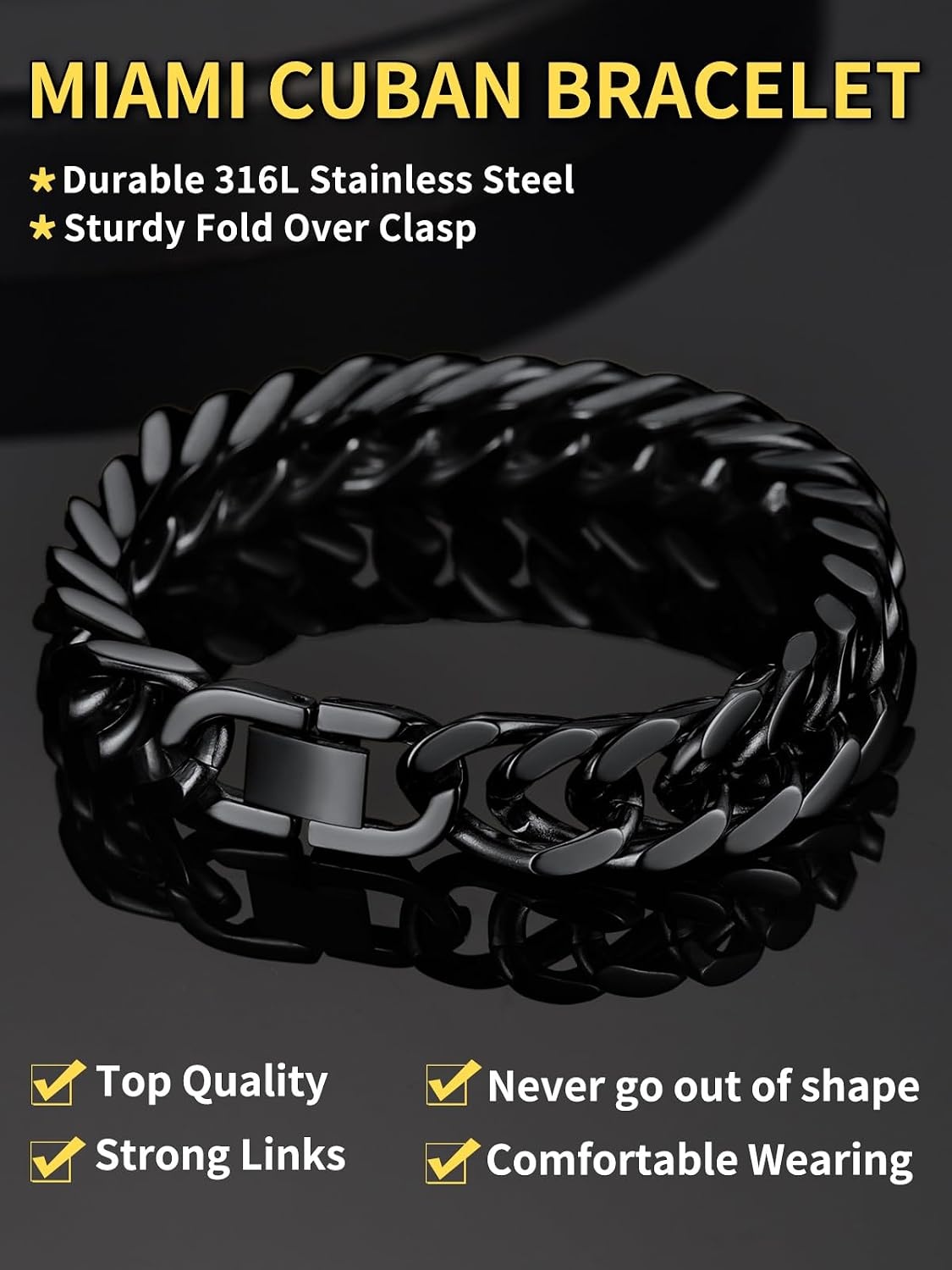 image:imageChainsHouse Stainless Steel Cuban Link Bracelet 6mm8mm12mm17mm Width 75839 Black 18K Gold Plated Chain Wrist Bracelets for Men Women Send Gift BoxI Black12mm width
